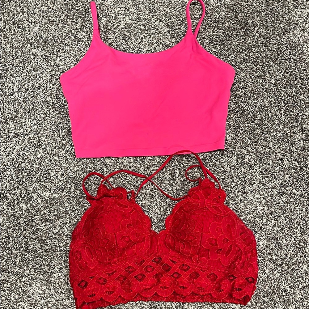 Pink Crop Top and Red Lace Bralette